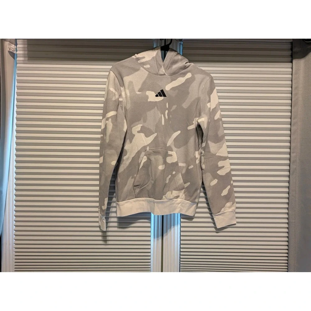 Adidas Boys Camo Fleece Hoodie Grey White Logo Pullover AA10414 Size L 14/16